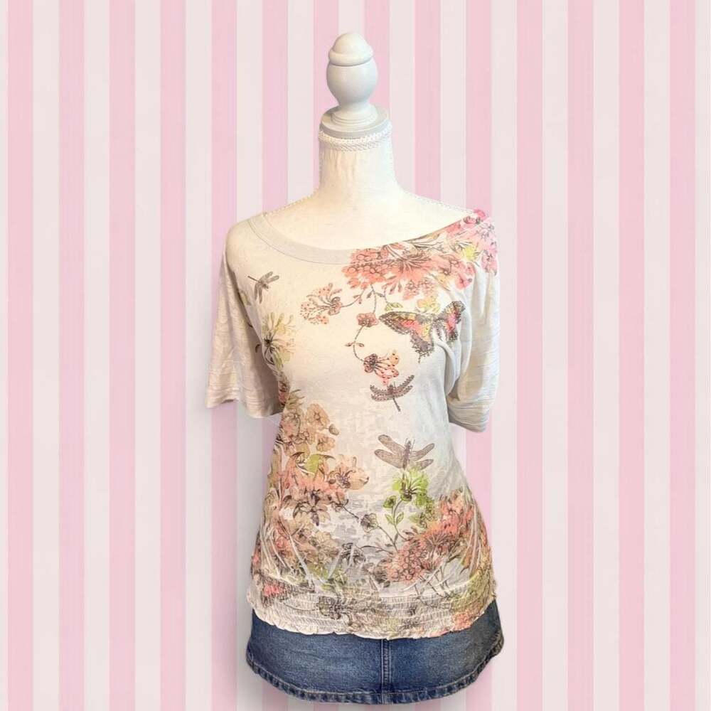 Maurices Vintage Floral Butterfly Rhinestone Smocked Hem Top